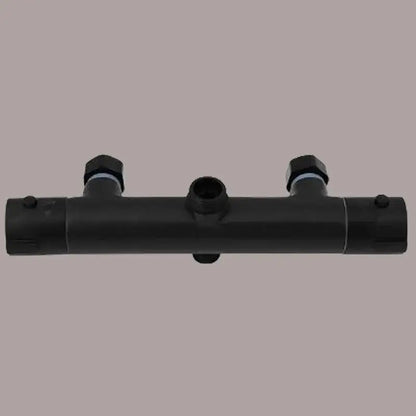 Modern black mixer valve pipe fitting in plastic with two hexagonal caps and central threaded port for brass thermostatic shower