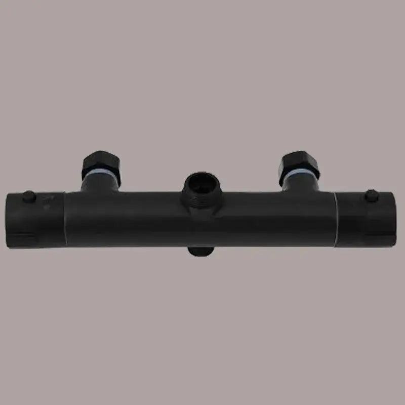 Modern black mixer valve pipe fitting in plastic with two hexagonal caps and central threaded port for brass thermostatic shower