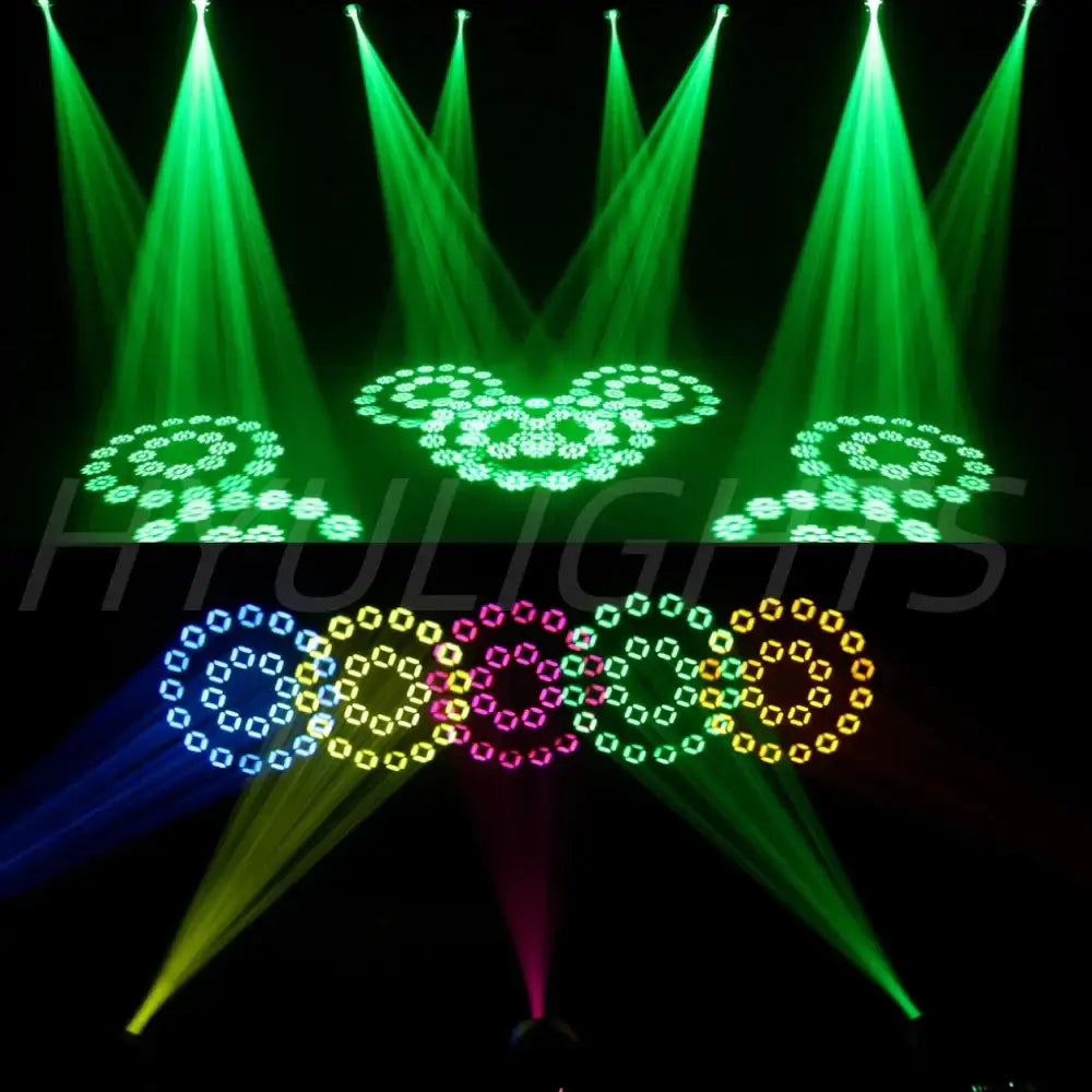 Modern black moving head light spotlight with lcd casting green laser colorful circular patterns on dark party room stage