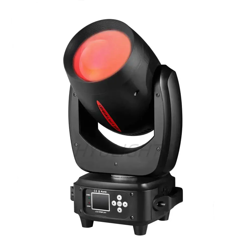 Modern black moving head light spotlight with red illuminated lens and lcd control panel for party room use