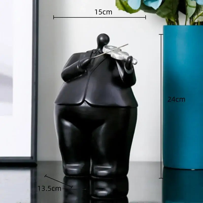 Black glossy plump violinist figurine in formal attire decorative musical instrument band for modern living room decor