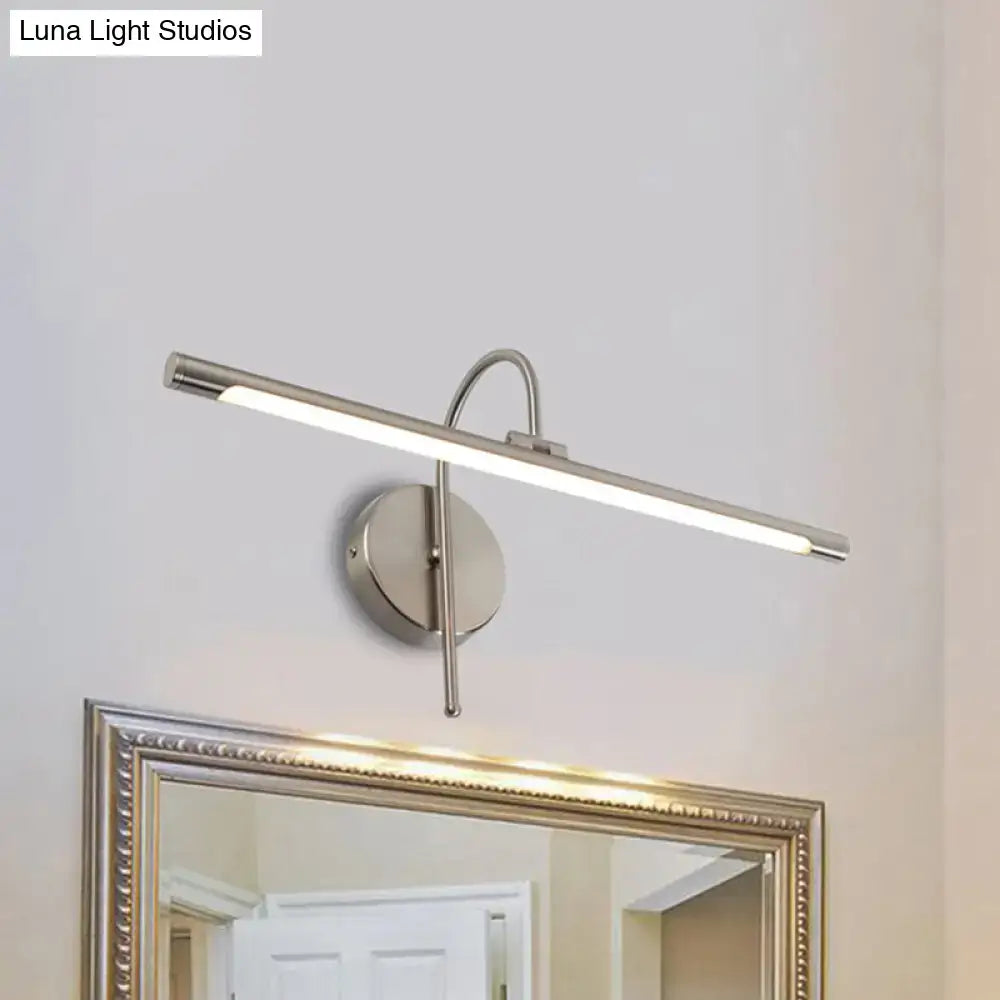 Modern black and nickel led wall lamp with a silver-toned metal shade and adjustable curved arm for bathroom vanity