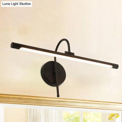 Modern black metal shade led wall lamp with curved arm designed for bathroom vanity lighting