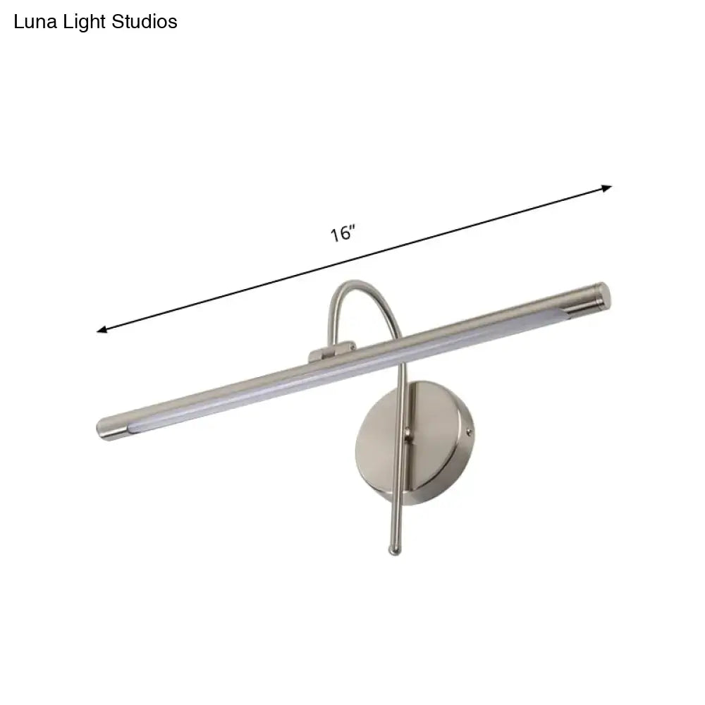 A sleek 16-inch modern led wall lamp with brushed nickel metal shade and curved arm for bathroom vanity