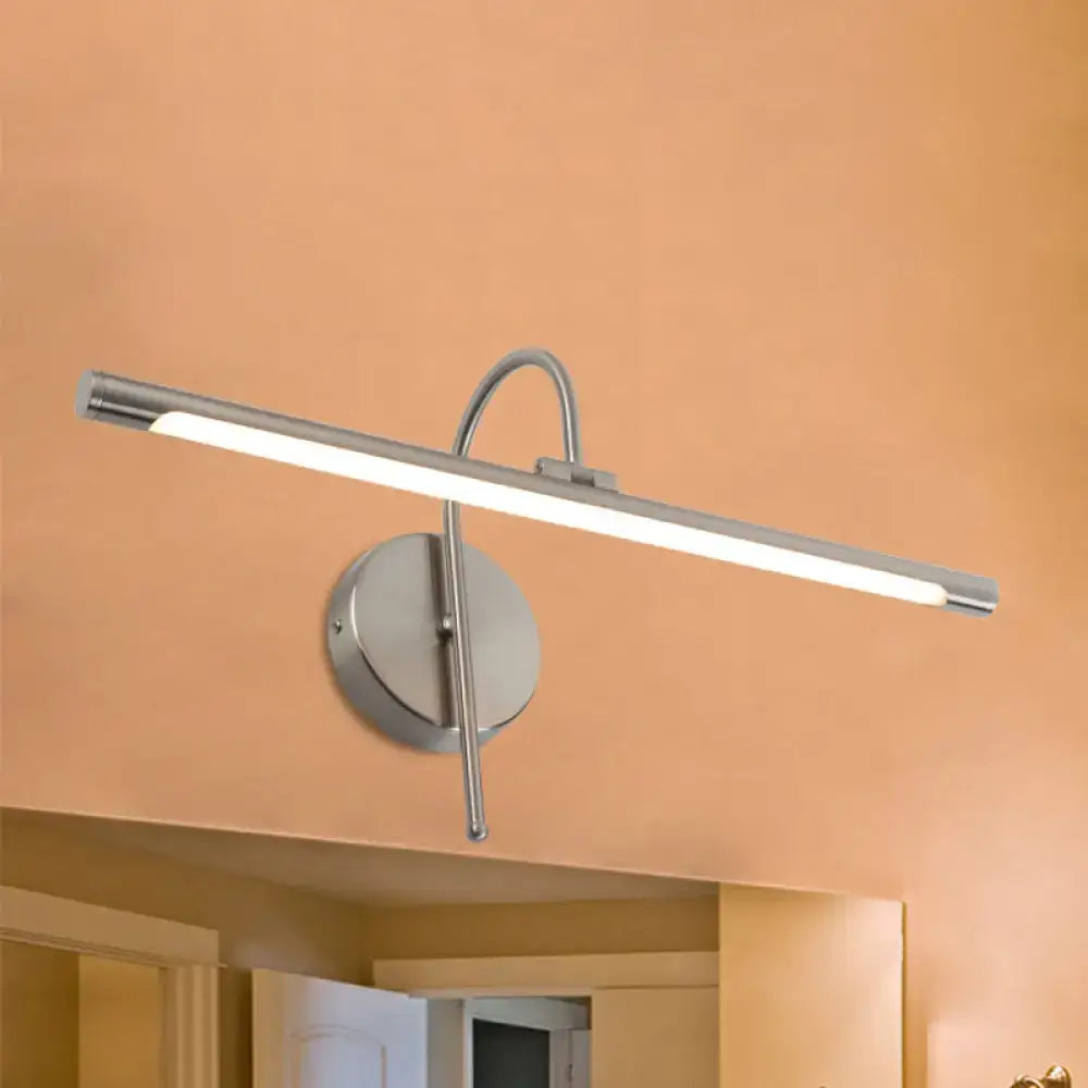 Modern brushed nickel led wall lamp with sleek curved arm and rectangular fixture for bathroom vanity lighting