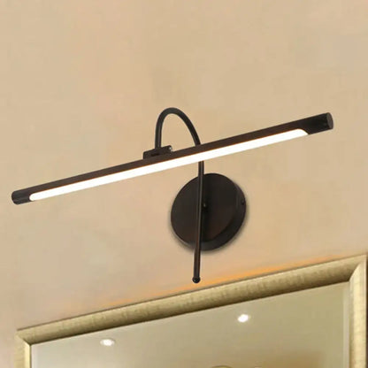 Modern black and nickel led wall lamp with metal shade and curved arm for bathroom vanity use