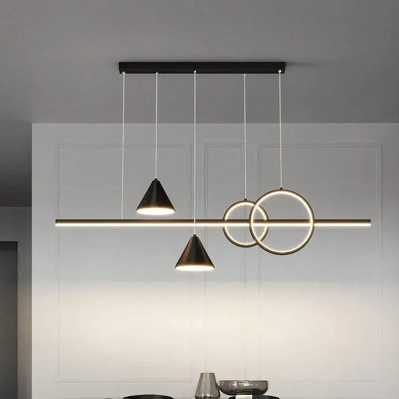 Modern black nordic designer dining pendant light with gold geometric rings and conical shades by decorbites black nordic