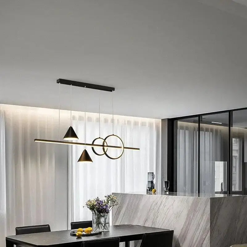 Modern black nordic designer dining pendant light with gold geometric intersecting circles and triangular shades