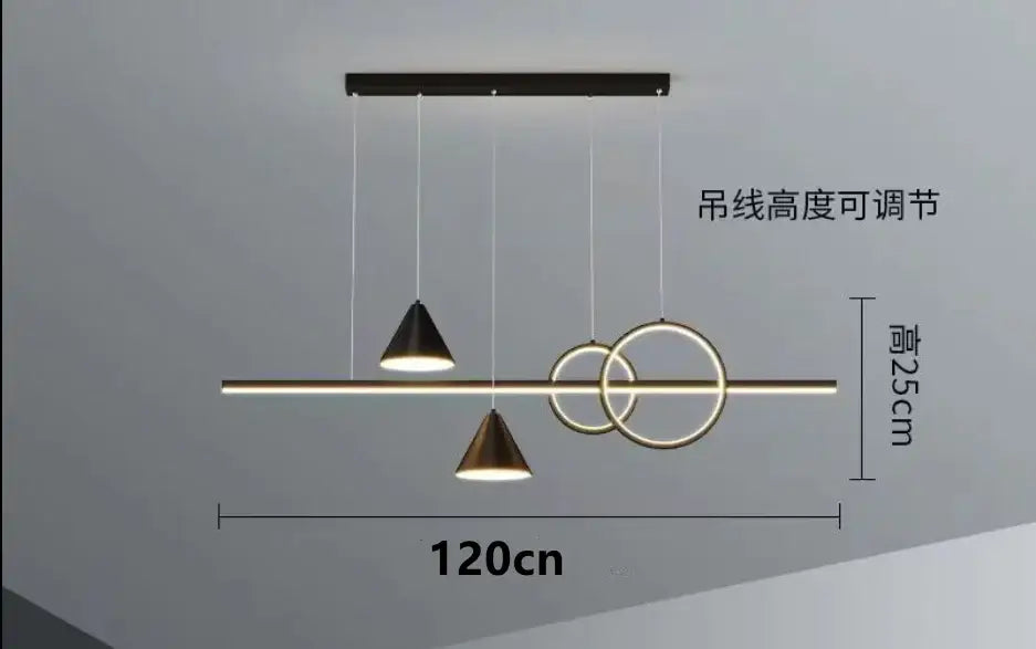 Modern black nordic designer dining pendant light with black and gold minimalist geometric cone and circular elements