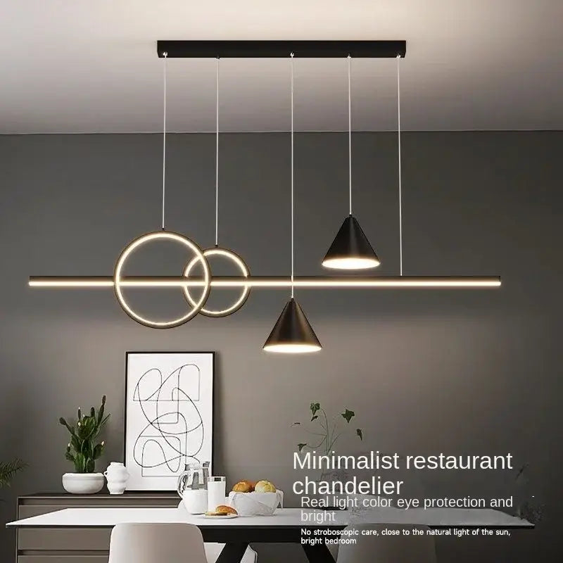 Modern black nordic designer dining pendant light with minimalist geometric circular and conical shades on sleek bar