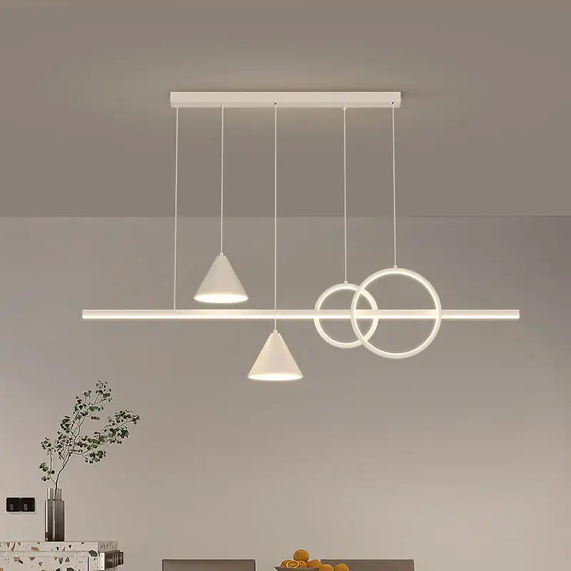 Modern black nordic designer dining pendant light with geometric white cone shades and interlocking circular rings
