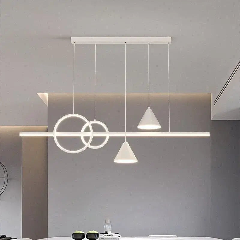 Modern black nordic designer dining pendant light with white minimalist intersecting circular rings and conical shades