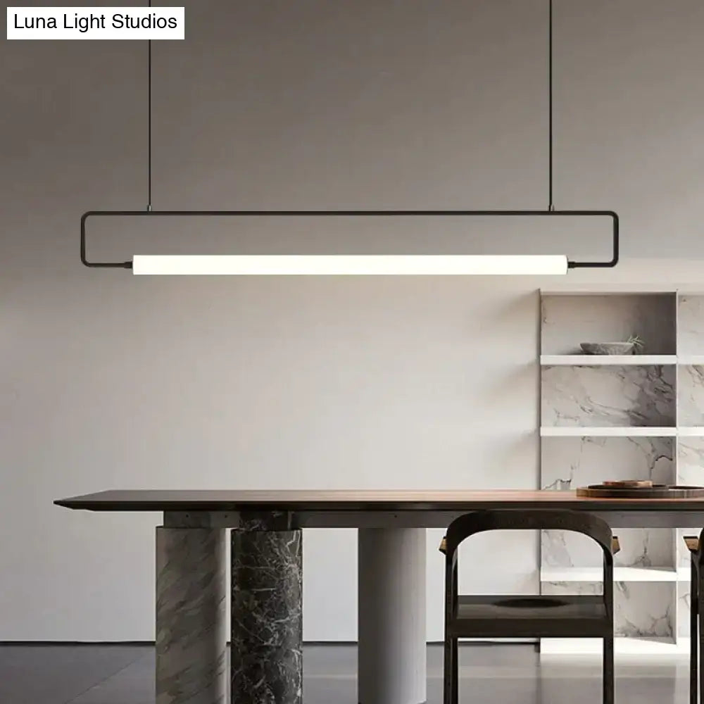 Modern black metal pendant light with sleek rectangular frame and white led strip for nordic minimalist bar hanging use