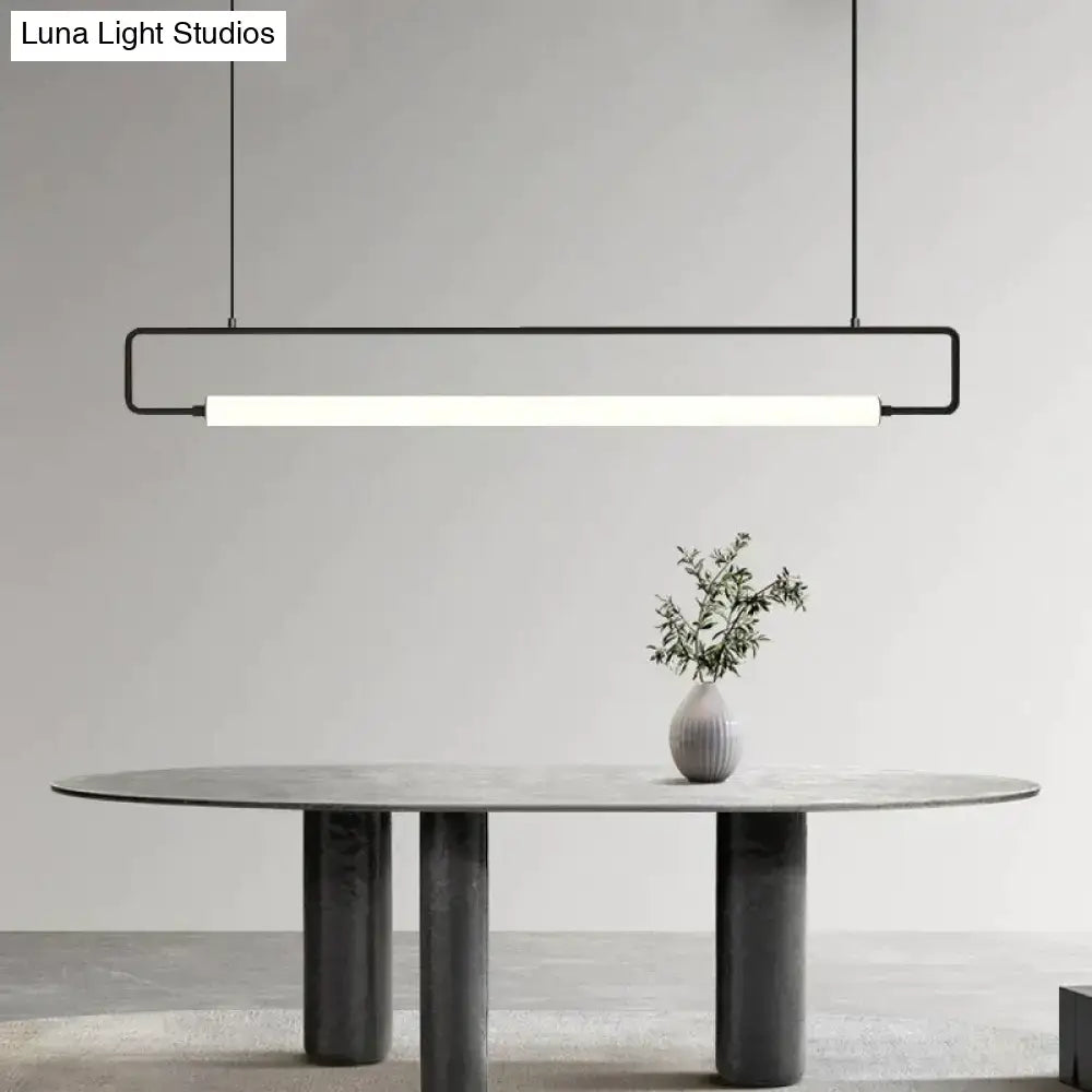 Minimalist black metal pendant light with rectangular frame and glowing white led strip for nordic minimalist bar hanging