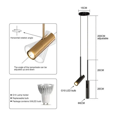 Adjustable modern black nordic pendant chandelier with sleek cylindrical body and gold lamp head for contemporary dining room decor
