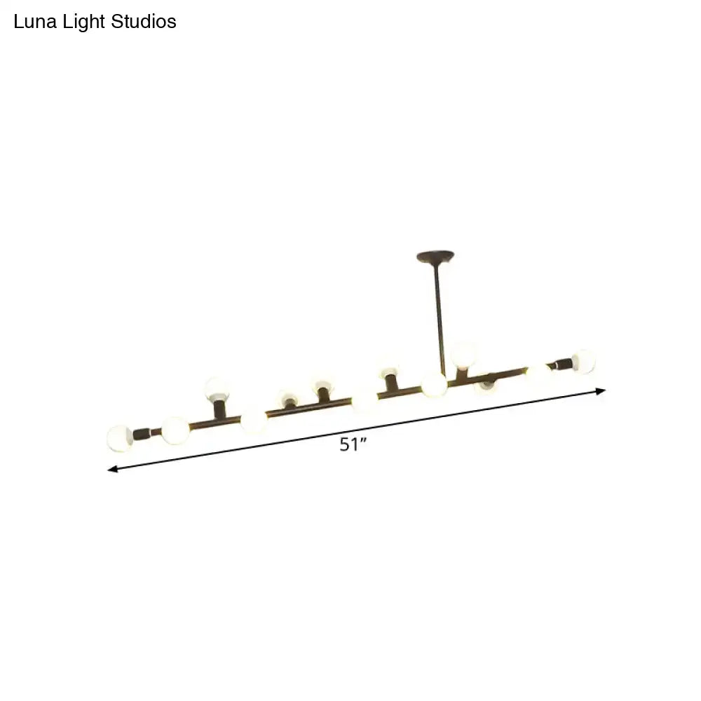A modern 51-inch long linear chandelier with dark bronze black finish and frosted glass open bulb island lights