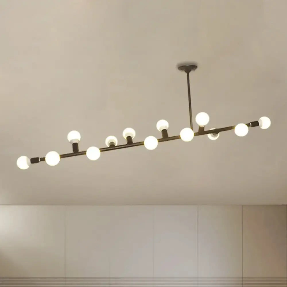 Modern black metal chandelier with open bulb design and evenly spaced white spherical bulbs in black finish