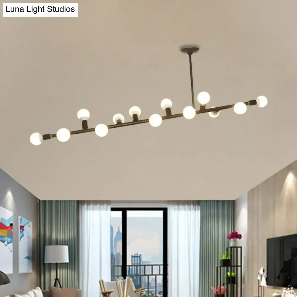 Modern black finish metal chandelier with evenly spaced spherical white globe bulbs for open bulb island lighting