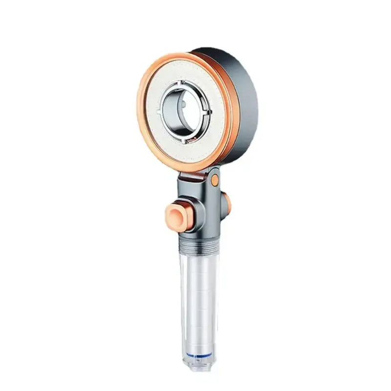 Modern black and orange dual switch shower head with copper accents and transparent water filter tube by decorbites