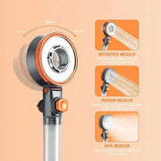 A modern black and orange decorbites dual switch shower head with multiple spray modes for high pressure bathroom use