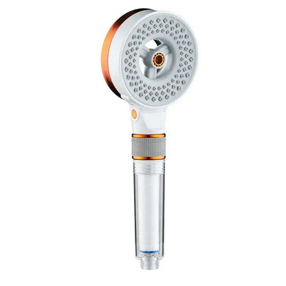 Modern black and orange decorbites dual switch shower head with white copper accents and transparent water filter housing