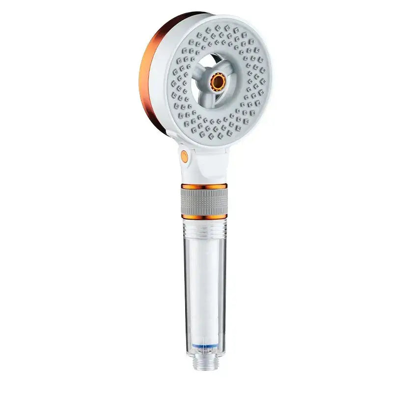 Modern black and orange decorbites dual switch shower head with white copper accents and transparent water filter housing