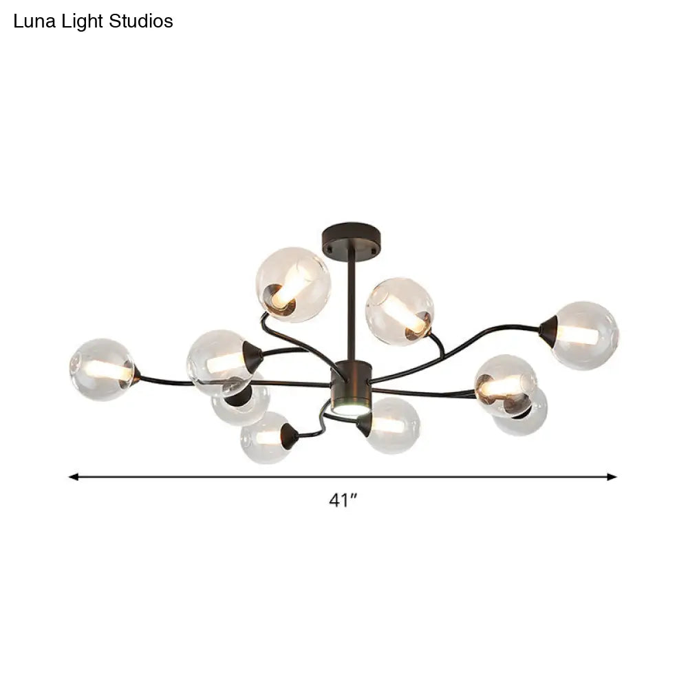Lámpara de araña moderna negra con forma de esfera y pantallas de cristal transparente - Lámpara colgante de 10 luces para sala de estar