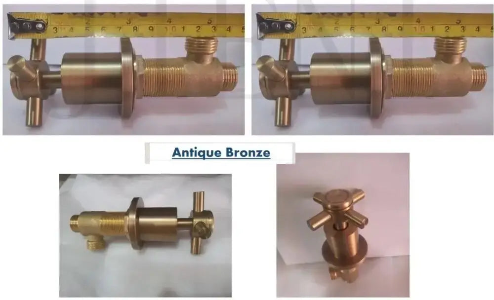 Antique bronze brass water control valve with cross-shaped handle and threaded connections for bathroom use