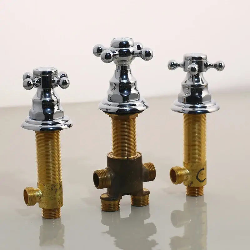 Three chrome cross-handle water control valve with brass body and threaded connections for modern black painting tap