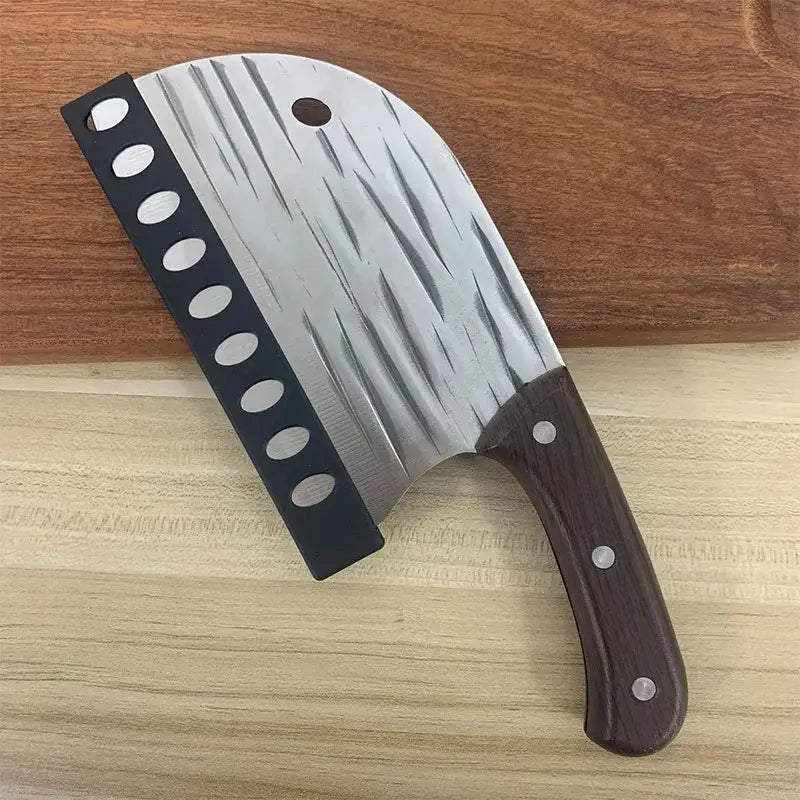 A stainless steel knife blade cleaver with a textured decorbites knife blade and black rubberized knife blade protector