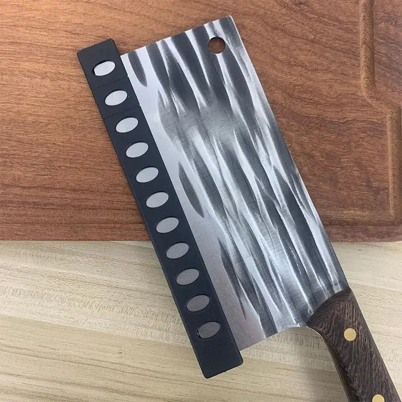 A sleek hammered stainless steel cleaver with a dark wood handle and black knife blade protector sheath