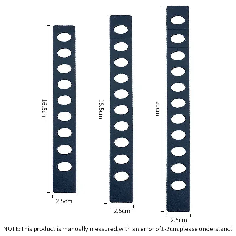 Three navy blue silicone decorbites knife blade protectors with oval cutouts in varying lengths for kitchen sheath use