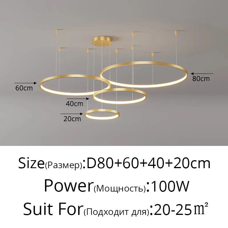 Modern Black Pendant Light for Living Room - Dimmable - Gold 20 40 60 80cm / Warm white No Remote - Chandelier