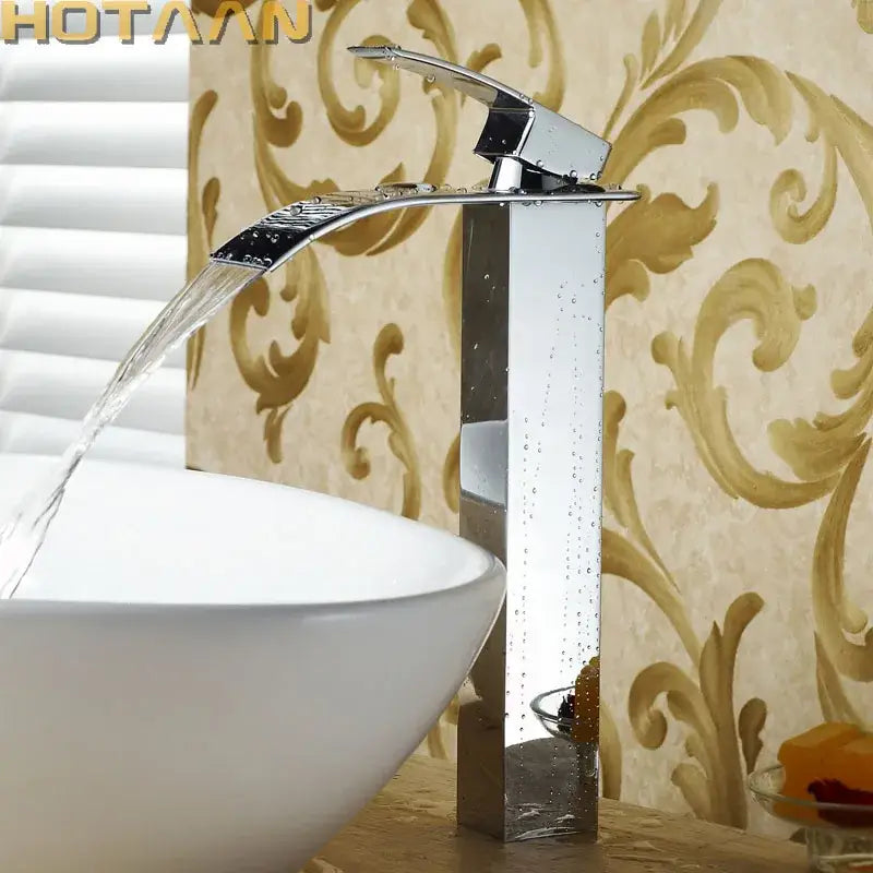 Modern black plated brass waterfall basin tap with chrome finished rectangular spout and sleek design