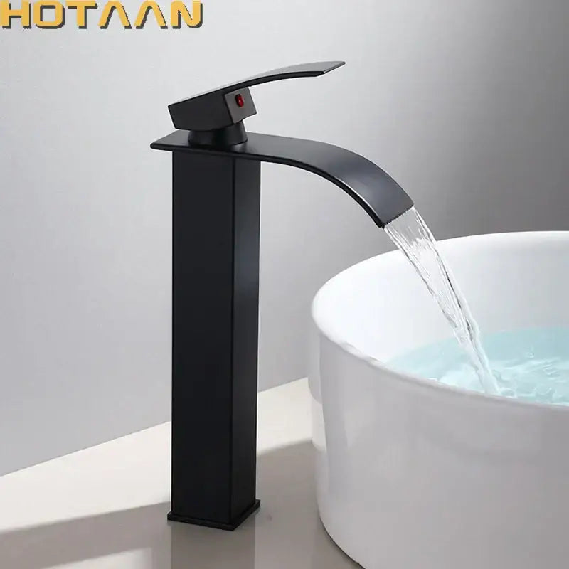 Modern black plated brass waterfall basin tap featuring a sleek black matte finish for bathroom use