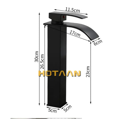 Modern black plated brass waterfall basin tap with matte black finish and integrated handle for bathroom mixer use