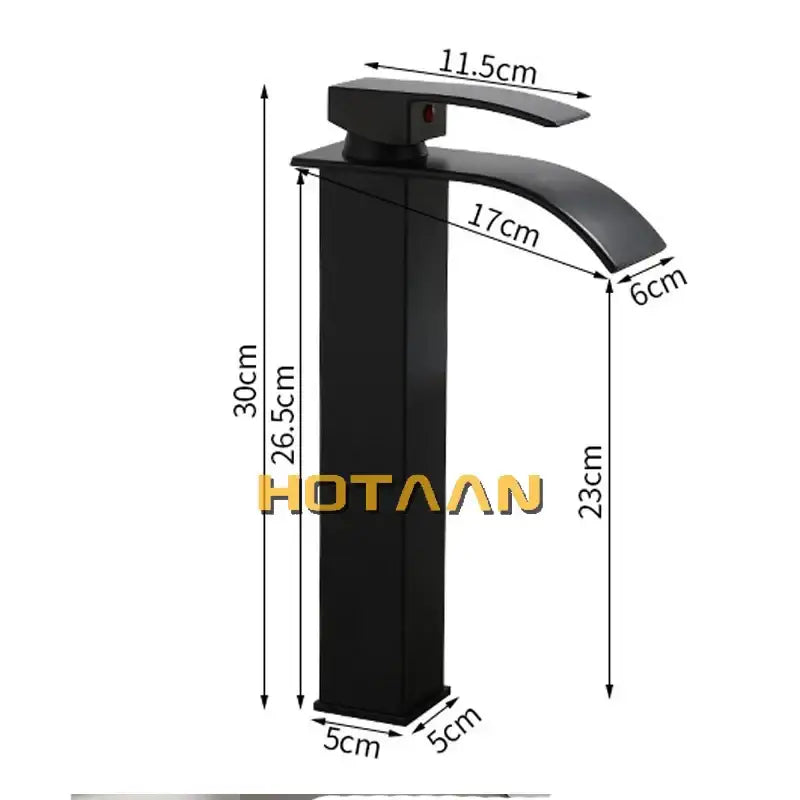Modern black plated brass waterfall basin tap with matte black finish and integrated handle for bathroom mixer use