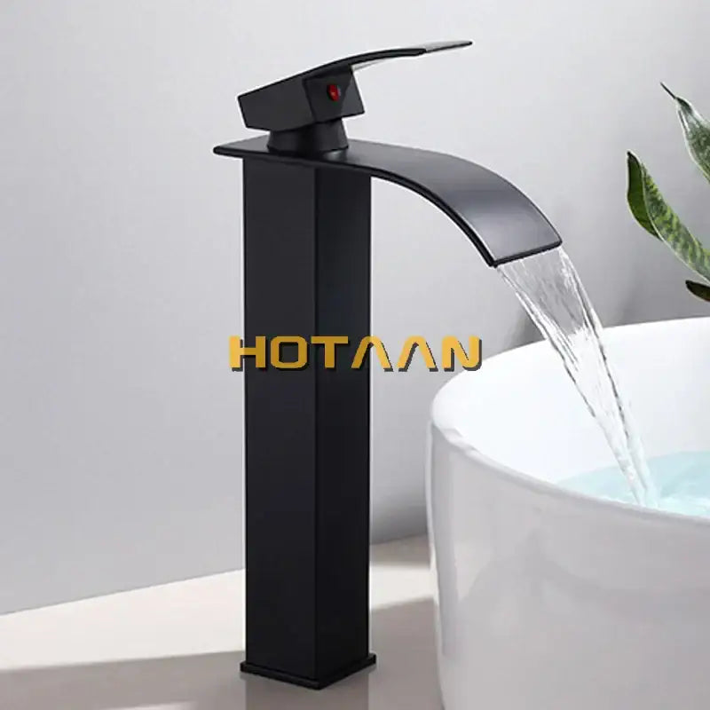 Modern black plated brass waterfall basin tap with sleek matte finish for bathroom mixer