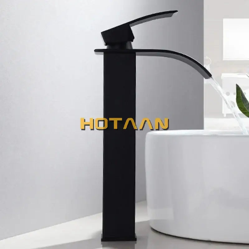 Modern black plated brass waterfall basin tap with matte finish and sleek curved spout for bathroom mixer