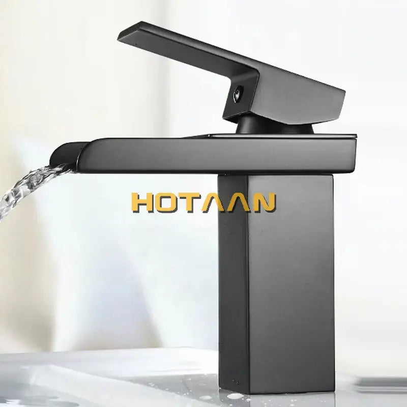 Modern black plated brass waterfall faucet with sleek rectangular spout and handle for bathroom sink mixer