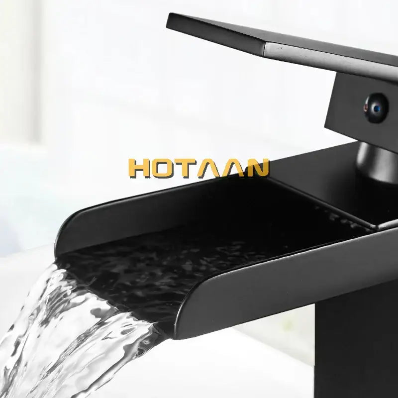 Modern black plated brass waterfall faucet with matte finish and sleek design for bathroom mixer sink