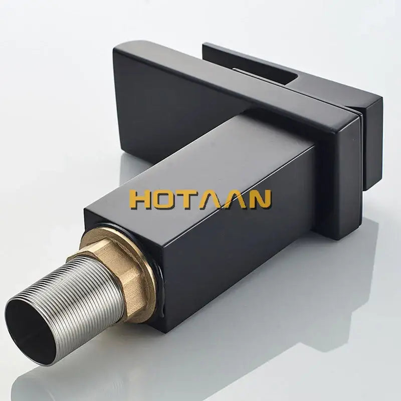 Modern black plated brass waterfall faucet with matte black finish and brass threaded connection for bathroom sink