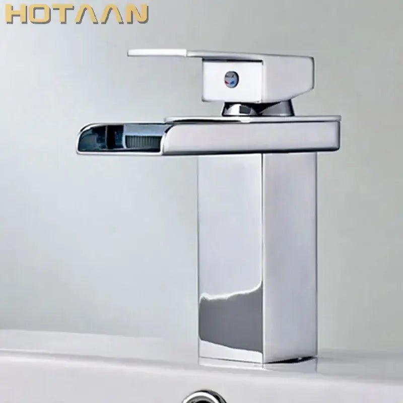Modern black plated brass waterfall faucet with a chrome-finished rectangular spout for bathroom sink mixer