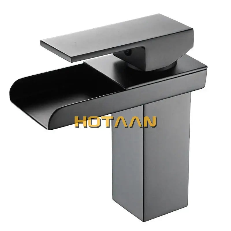 Modern black plated brass waterfall faucet with rectangular spout and square base for bathroom sink mixer