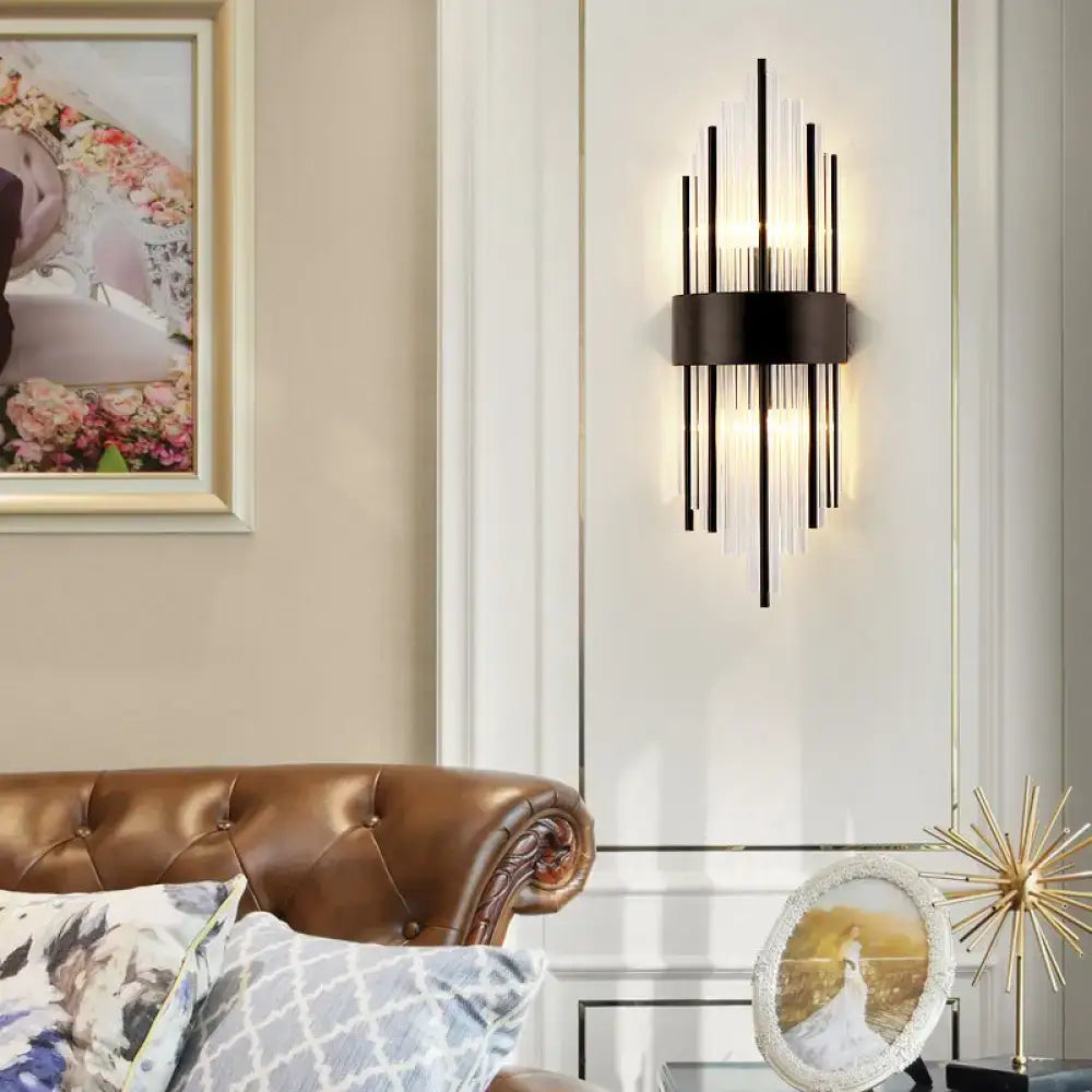 Modern black prism crystal wall light with clear glass vertical rods for living room sconce illumination