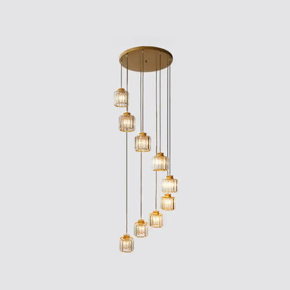 Decorbites modern prismatic crystal cylindrical pendant ceiling light with gold-toned seven glass pendants for stairway