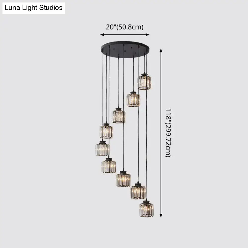 Black metal chandelier with seven cascading prismatic crystal cylindrical pendant lights for stairway lighting