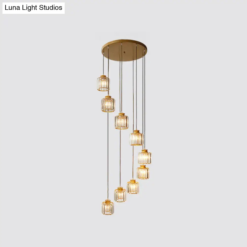 Decorbites modern prismatic crystal cylindrical pendant ceiling light with gold-toned black gold finish for stairway