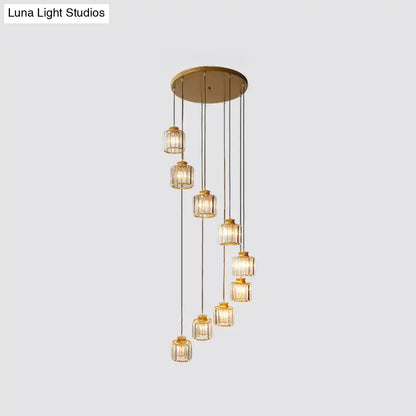 Decorbites modern prismatic crystal cylindrical pendant ceiling light with gold-toned black gold finish for stairway