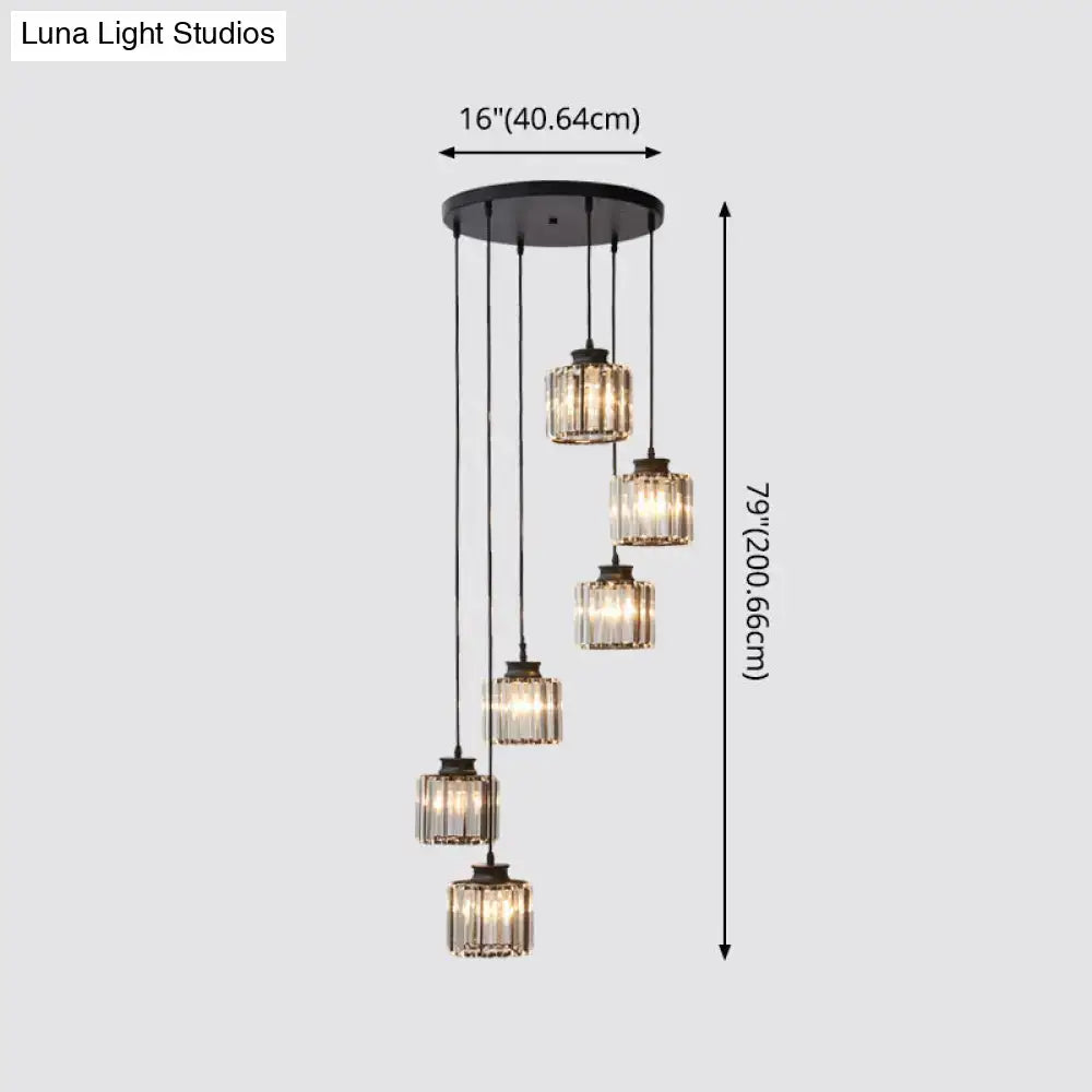 Black metal chandelier with five cascading prismatic crystal cylindrical glass pendant lights for stairway lighting